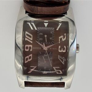 Guess Steel Casing w/Brown Leather Band Analog Watch-New Battery.